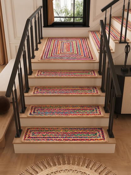 Multicolor Braided Jute Stair Treads, Country Farmhouse Step Mats