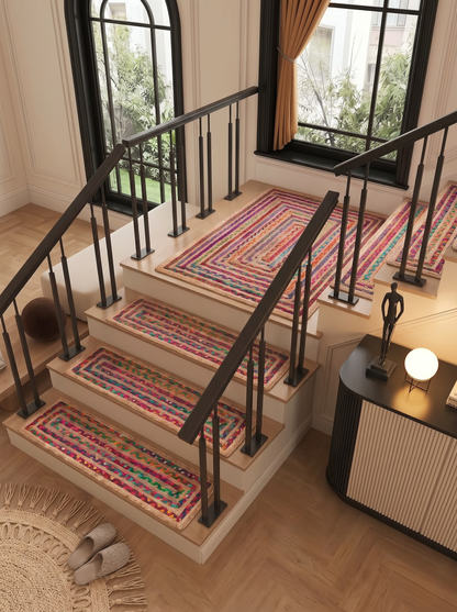 Multicolor Braided Jute Stair Treads, Country Farmhouse Step Mats