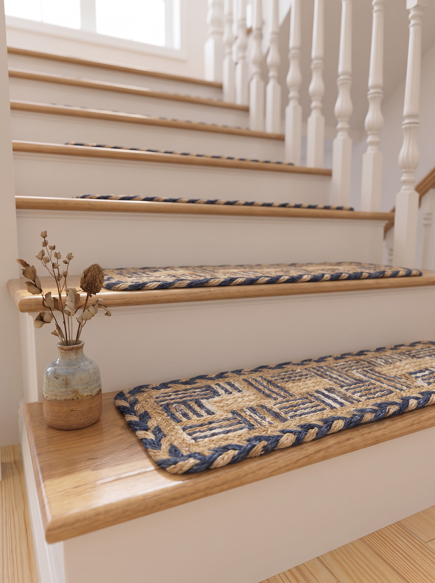 Multicolor Chindi Border Jute Stair Treads, Hand Braided Boho Mats