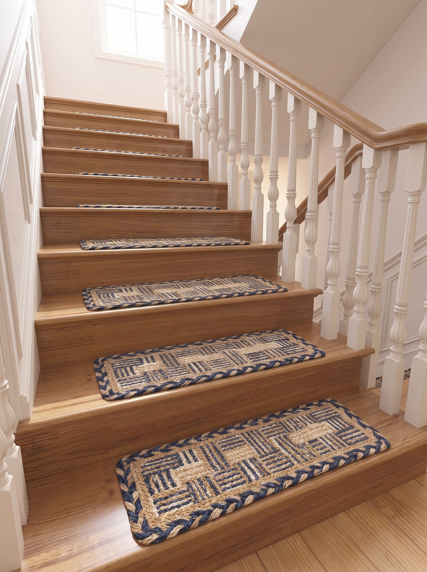 Multicolor Chindi Border Jute Stair Treads, Hand Braided Boho Mats