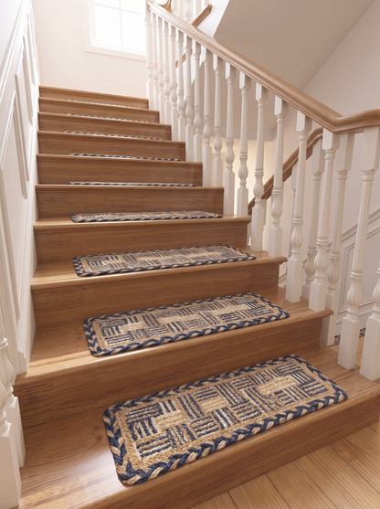 Multicolor Chindi Border Jute Stair Treads, Hand Braided Boho Mats
