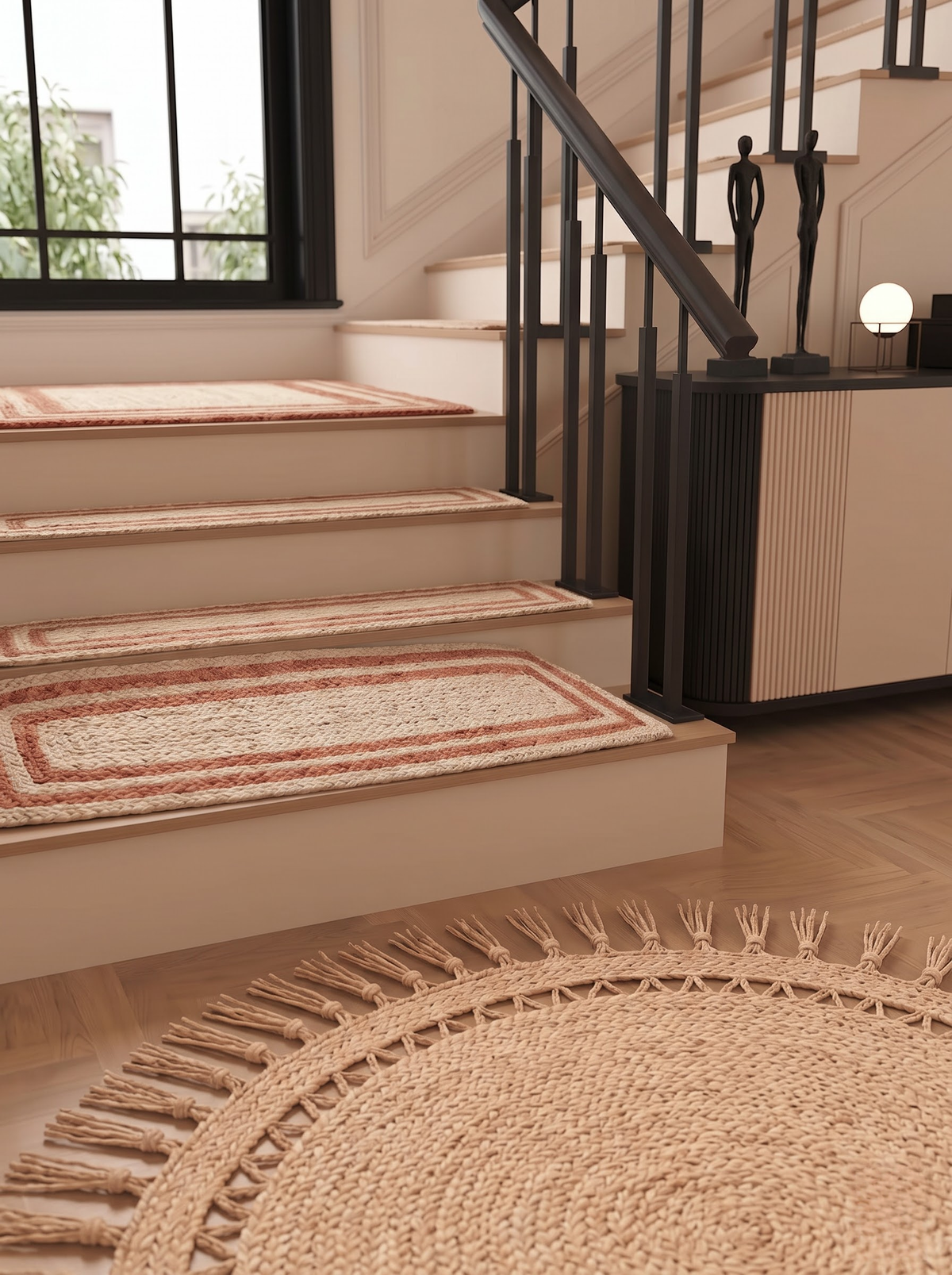 Boho Terracotta Border Braided Jute & Cotton Rug Rustic Farmhouse Entryway & Accent Mat
