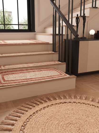 Boho Terracotta Border Braided Jute & Cotton Rug Rustic Farmhouse Entryway & Accent Mat