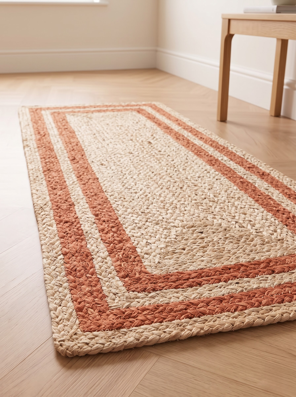 Boho Terracotta Border Braided Jute & Cotton Rug Rustic Farmhouse Entryway & Accent Mat