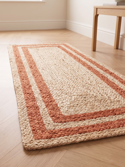 Boho Terracotta Border Braided Jute & Cotton Rug Rustic Farmhouse Entryway & Accent Mat