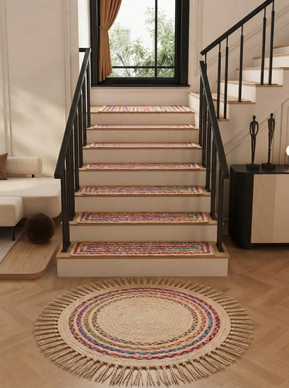Multicolor Boho Jute Stair Treads | Hand Braided Runner, Recycled Cotton Hallway Rug