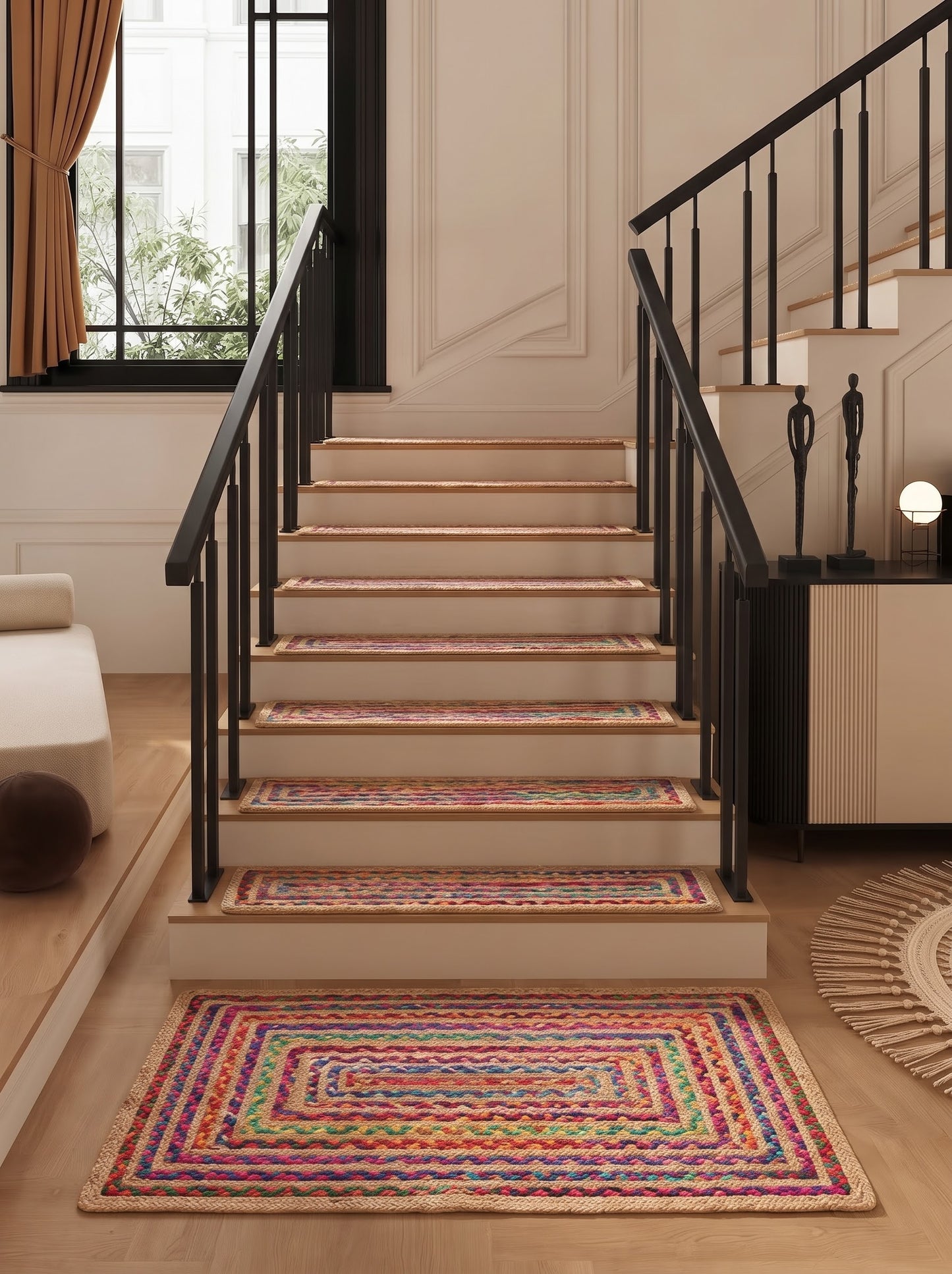 Multicolor Boho Jute Stair Treads | Hand Braided Runner, Recycled Cotton Hallway Rug