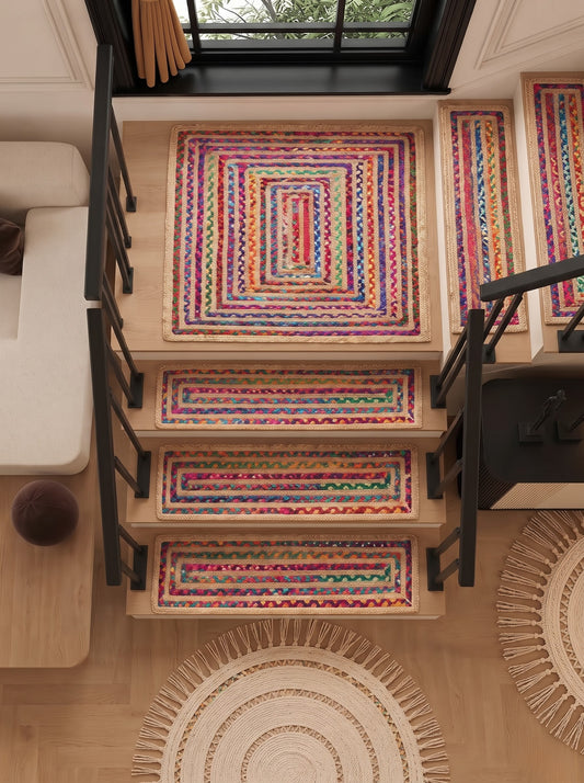 Multicolor Boho Jute Stair Treads | Hand Braided Runner, Recycled Cotton Hallway Rug
