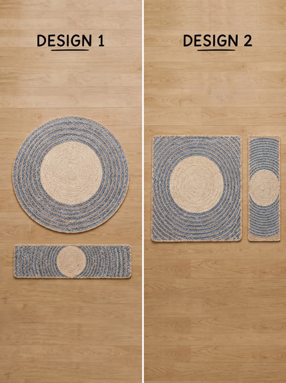 Handmade Jute & Cotton Stair Treads, Moon Halo Design, Blue Mist Japandi Step Mats