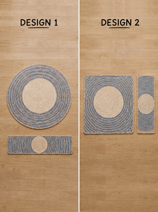 Handmade Jute & Cotton Stair Treads, Moon Halo Design, Blue Mist Japandi Step Mats