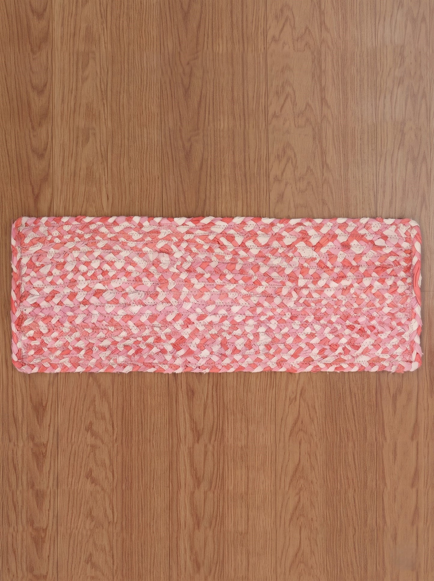 Hand Braided Chindi Stair Treads, Pink & White Cotton Boho Jute Rug