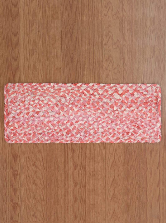 Hand Braided Chindi Stair Treads, Pink & White Cotton Boho Jute Rug