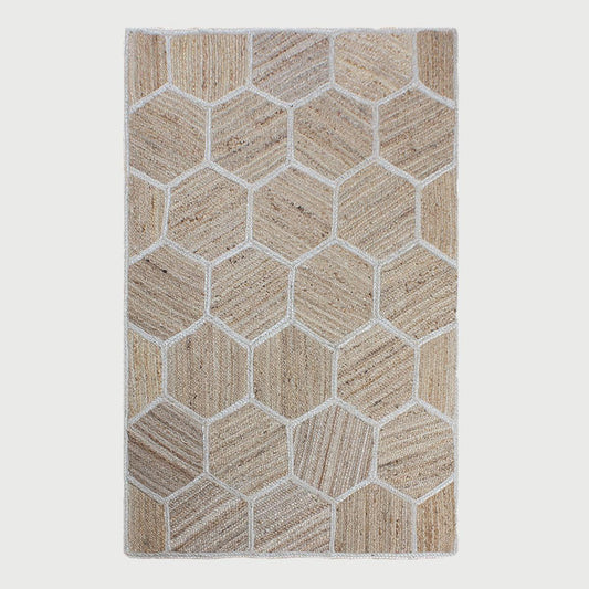 Beige White Entrance Decor Hand Braided Geometric Jute Rug - Indian Rug Store