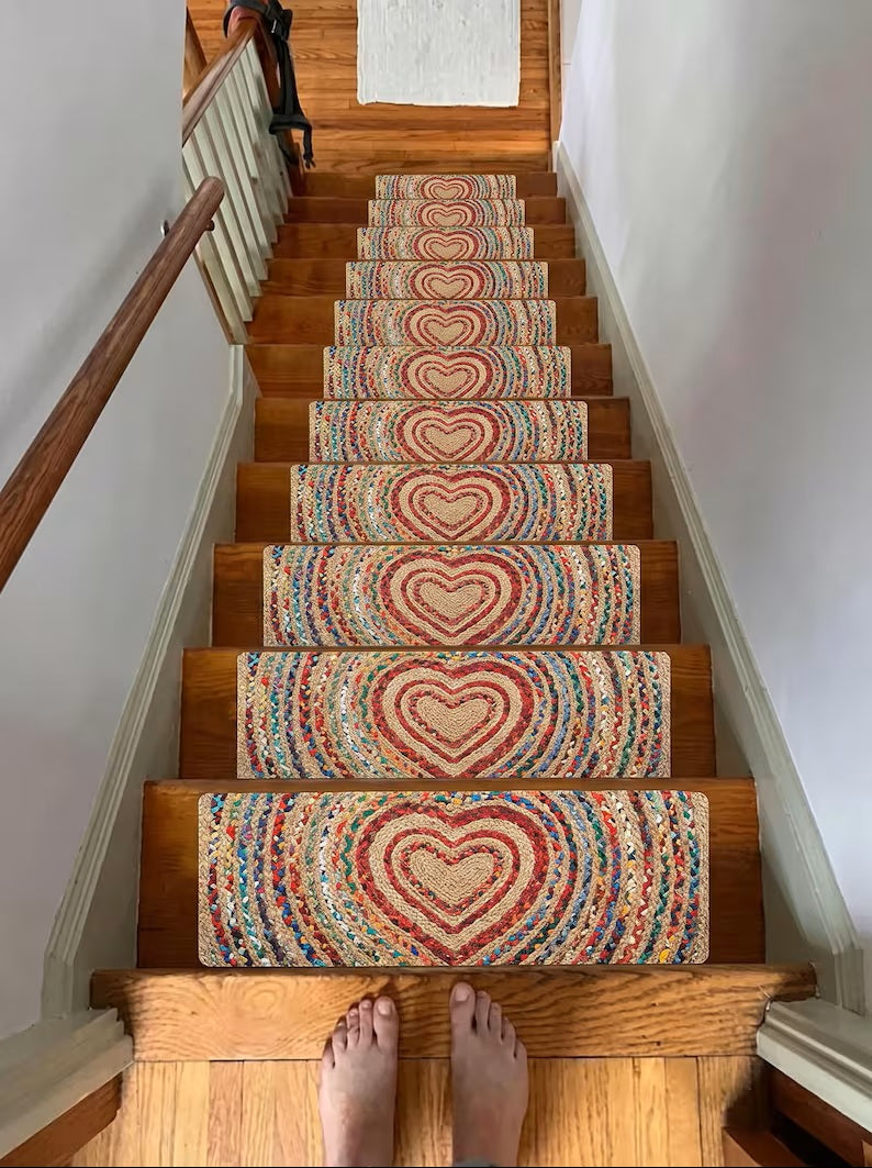 Handmade Braided Jute Stair Treads, Heart Chindi Cotton Rug, Boho Stair Runner Decor