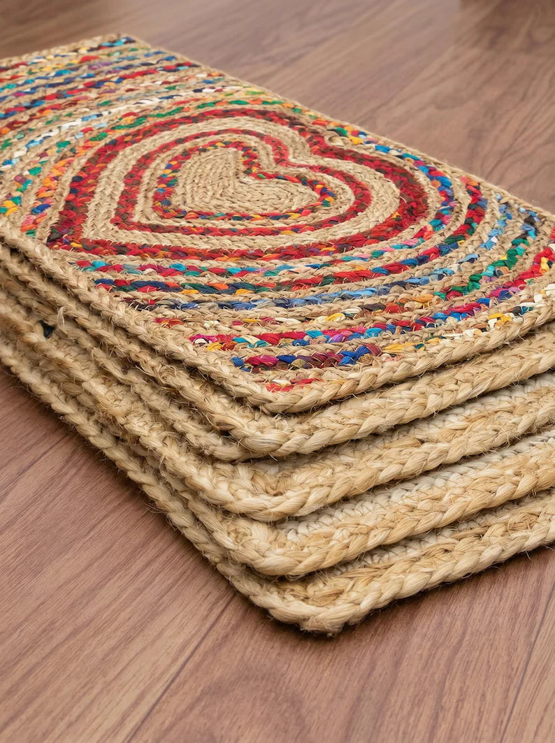 Handmade Braided Jute Stair Treads, Heart Chindi Cotton Rug, Boho Stair Runner Decor