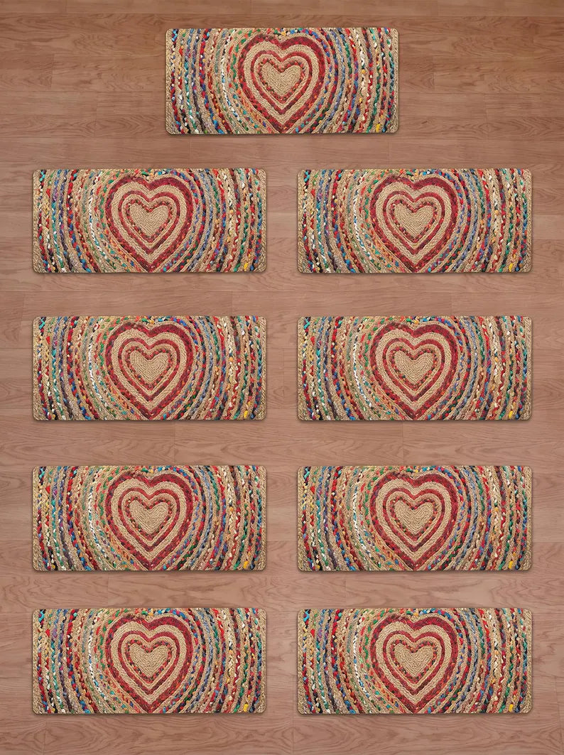 Handmade Braided Jute Stair Treads, Heart Chindi Cotton Rug, Boho Stair Runner Decor