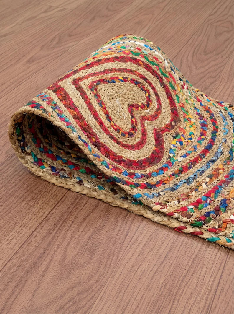 Handmade Braided Jute Stair Treads, Heart Chindi Cotton Rug, Boho Stair Runner Decor
