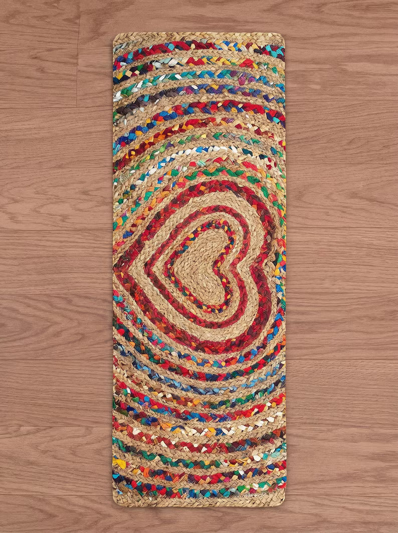Handmade Braided Jute Stair Treads, Heart Chindi Cotton Rug, Boho Stair Runner Decor