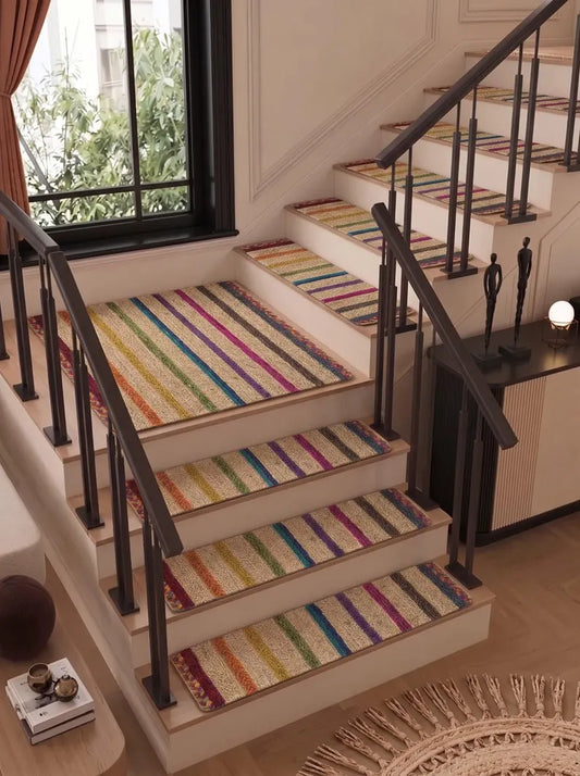Hand Braided Jute Stair Treads, Colorful Rainbow Stripe Boho Step Mats
