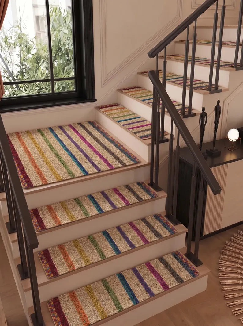 Hand Braided Jute Stair Treads, Colorful Rainbow Stripe Boho Step Mats