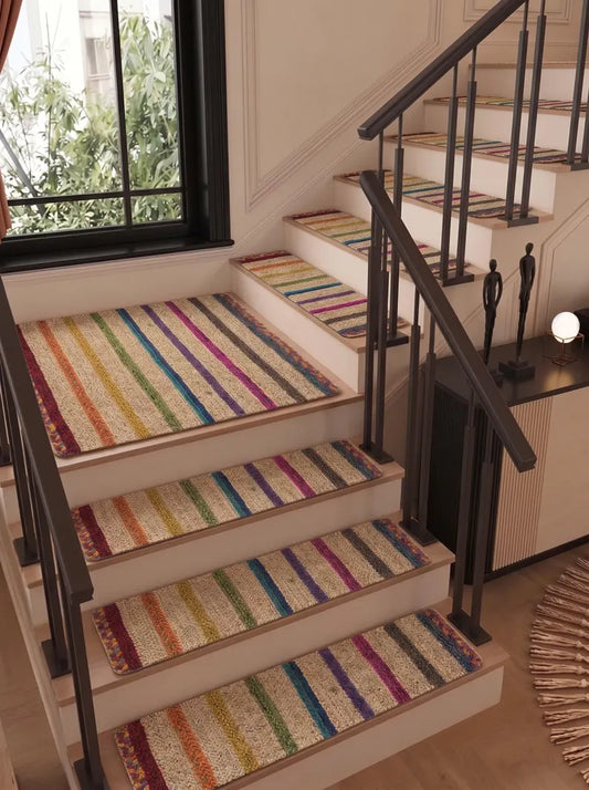Hand Braided Jute Stair Treads, Colorful Rainbow Stripe Boho Step Mats