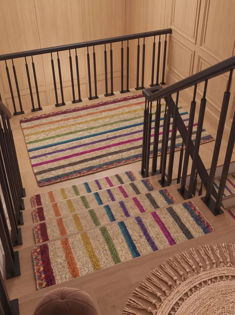Hand Braided Jute Stair Treads, Colorful Rainbow Stripe Boho Step Mats