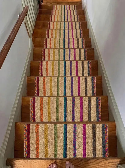 Hand Braided Jute Stair Treads, Colorful Rainbow Stripe Boho Step Mats