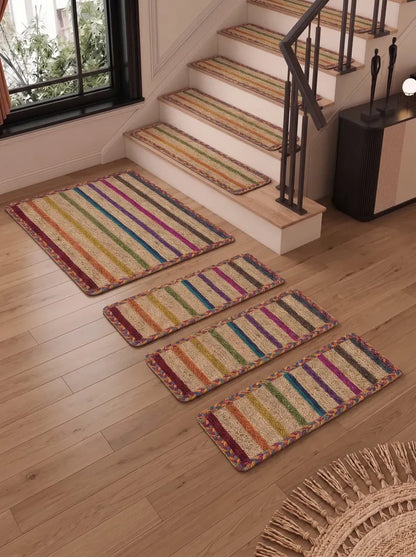 Hand Braided Jute Stair Treads, Colorful Rainbow Stripe Boho Step Mats