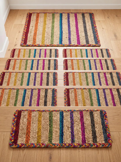 Hand Braided Jute Stair Treads, Colorful Rainbow Stripe Boho Step Mats