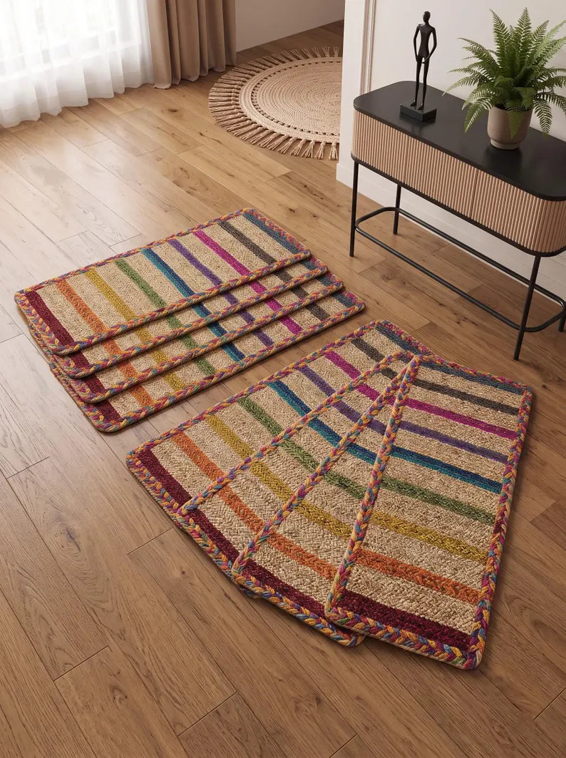 Hand Braided Jute Stair Treads, Colorful Rainbow Stripe Boho Step Mats