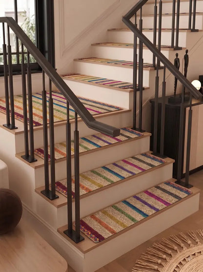 Hand Braided Jute Stair Treads, Colorful Rainbow Stripe Boho Step Mats