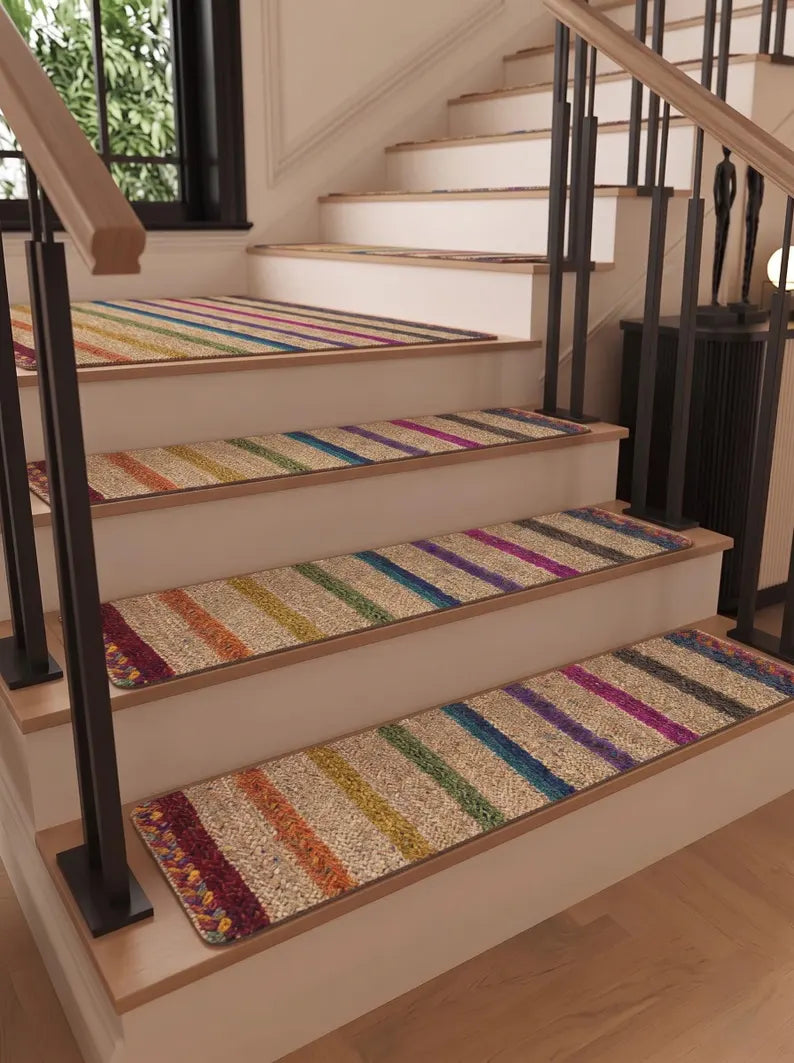 Hand Braided Jute Stair Treads, Colorful Rainbow Stripe Boho Step Mats
