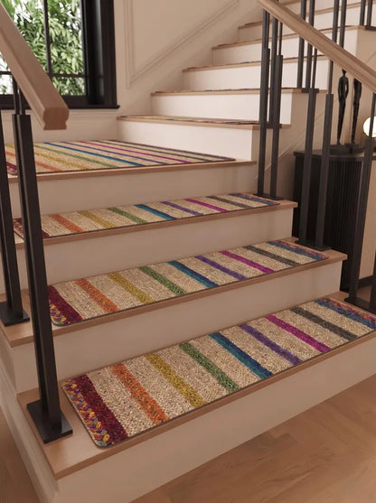 Hand Braided Jute Stair Treads, Colorful Rainbow Stripe Boho Step Mats