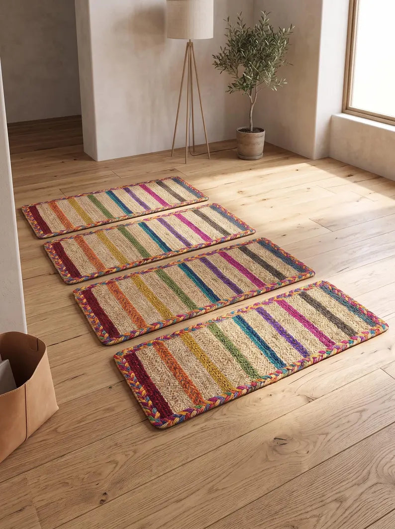 Hand Braided Jute Stair Treads, Colorful Rainbow Stripe Boho Step Mats