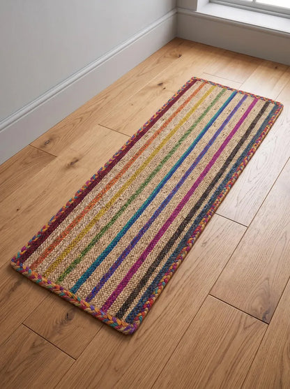 Hand Braided Jute Stair Treads, Colorful Rainbow Stripe Boho Step Mats