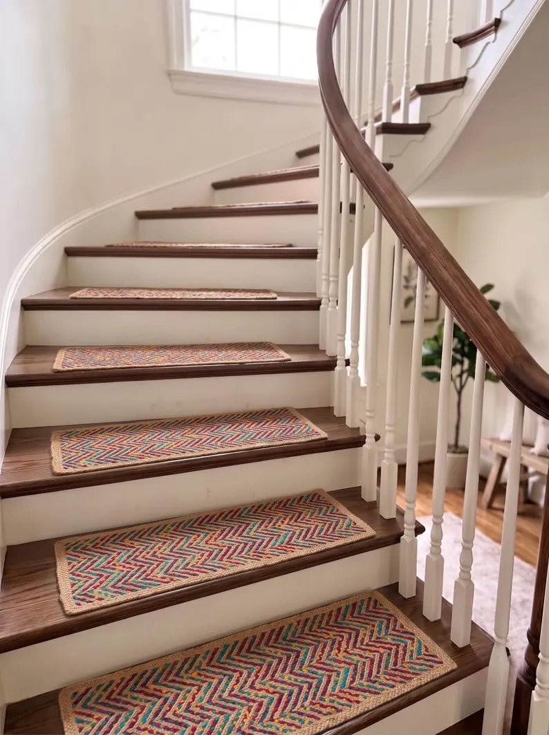Multicolor Fishbone Stair Treads Handmade Jute Boho Step Rugs