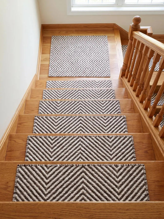 Brown Ivory Wool Stair Treads Handwoven Chevron Pattern Modern Farmhouse Steps