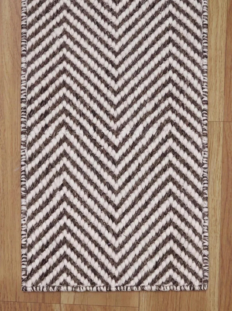 Brown Ivory Wool Stair Treads Handwoven Chevron Pattern Modern Farmhouse Steps