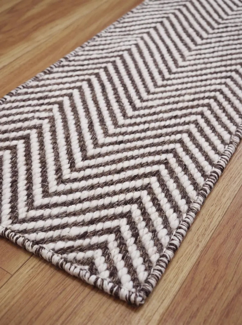 Brown Ivory Wool Stair Treads Handwoven Chevron Pattern Modern Farmhouse Steps