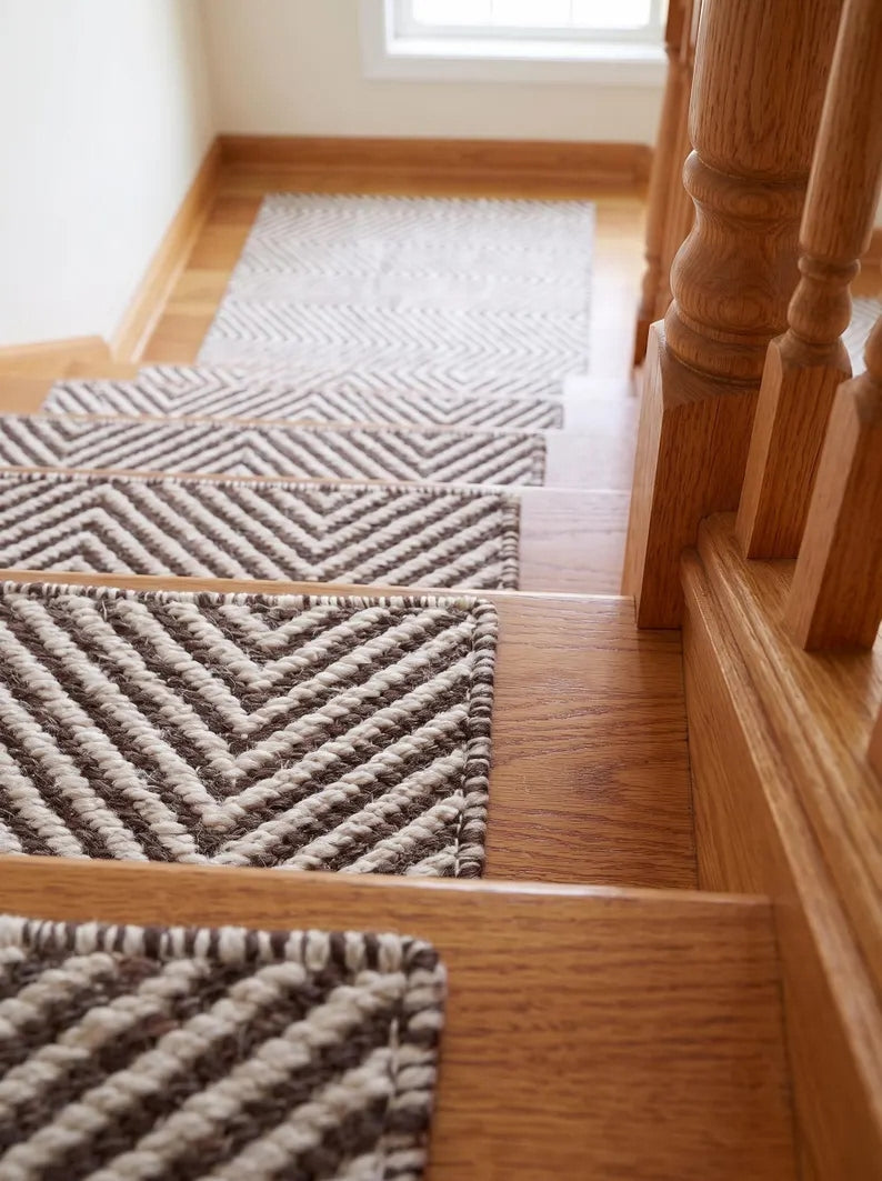 Brown Ivory Wool Stair Treads Handwoven Chevron Pattern Modern Farmhouse Steps
