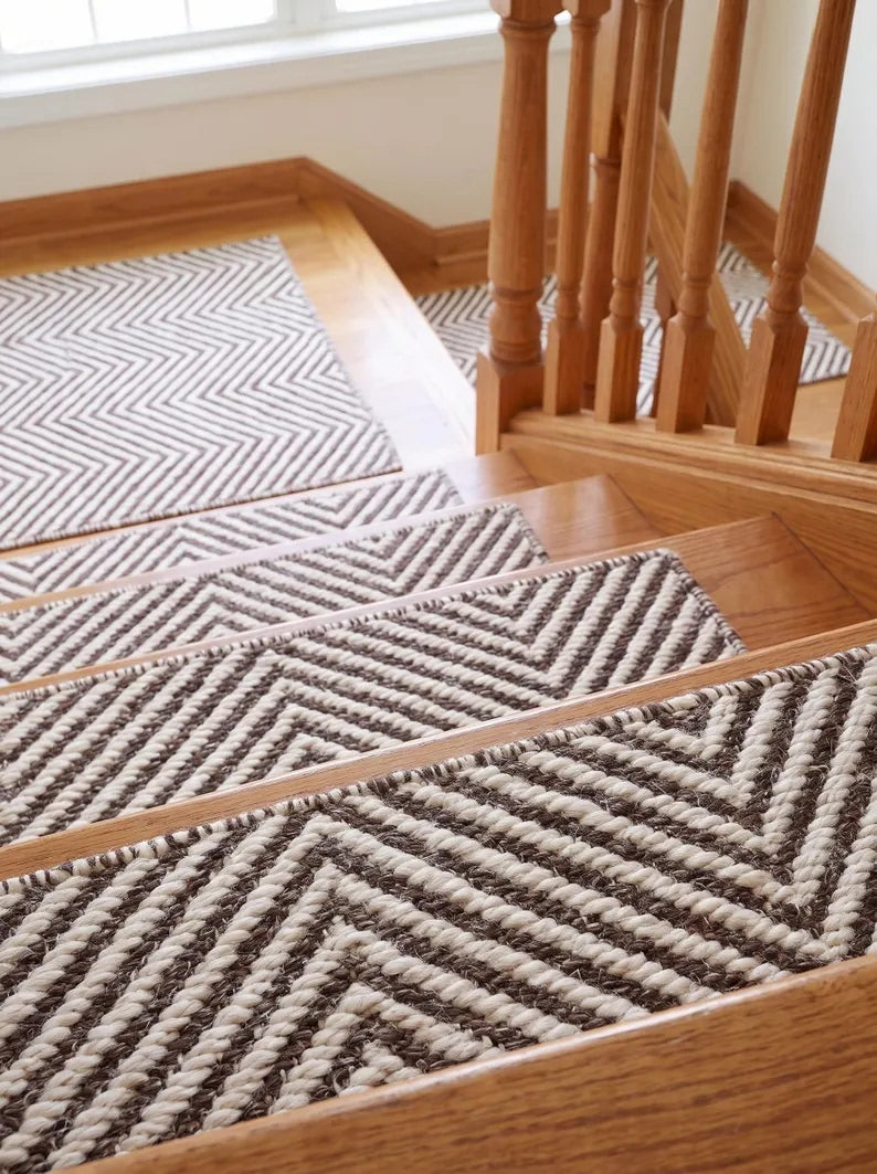 Brown Ivory Wool Stair Treads Handwoven Chevron Pattern Modern Farmhouse Steps