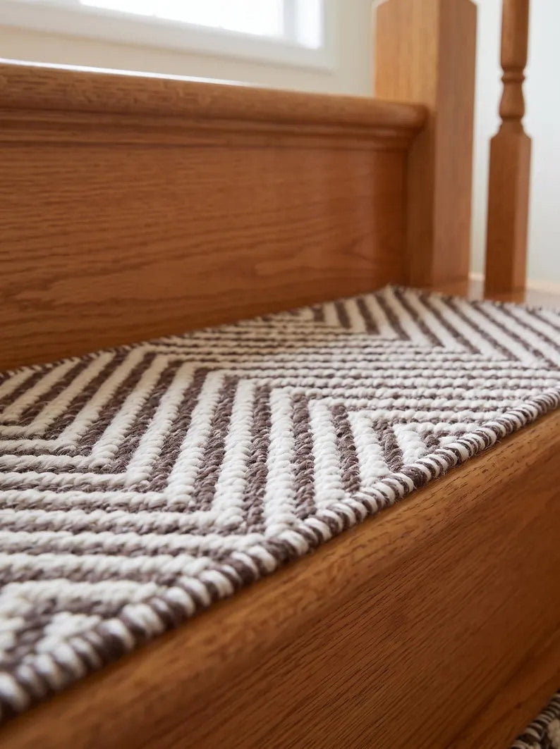 Brown Ivory Wool Stair Treads Handwoven Chevron Pattern Modern Farmhouse Steps