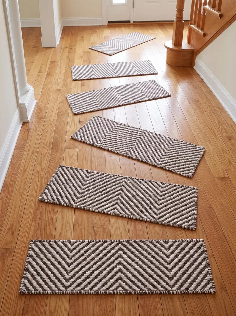 Brown Ivory Wool Stair Treads Handwoven Chevron Pattern Modern Farmhouse Steps