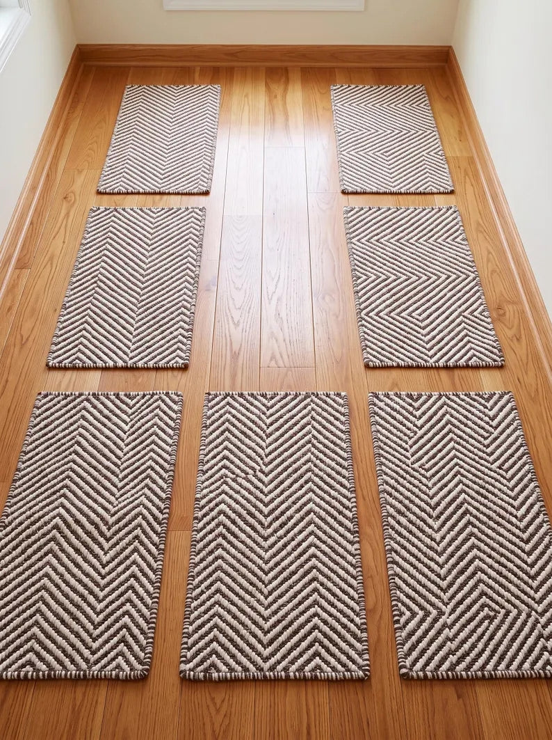 Brown Ivory Wool Stair Treads Handwoven Chevron Pattern Modern Farmhouse Steps