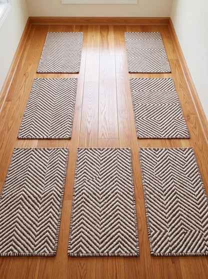 Brown Ivory Wool Stair Treads Handwoven Chevron Pattern Modern Farmhouse Steps