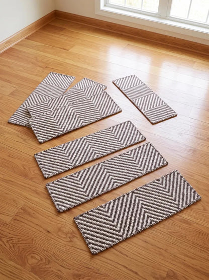 Brown Ivory Wool Stair Treads Handwoven Chevron Pattern Modern Farmhouse Steps