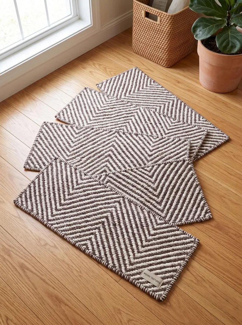 Brown Ivory Wool Stair Treads Handwoven Chevron Pattern Modern Farmhouse Steps