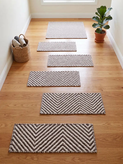 Brown Ivory Wool Stair Treads Handwoven Chevron Pattern Modern Farmhouse Steps