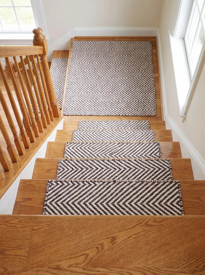 Brown Ivory Wool Stair Treads Handwoven Chevron Pattern Modern Farmhouse Steps