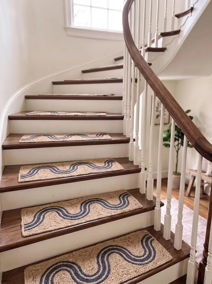 Handwoven Jute Stair Treads Navy Blue Accent Design Minimalist Step Mats